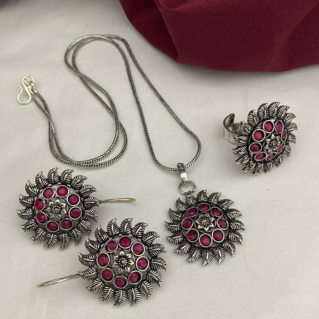 Stunning Pendent Set With Ring Oxidised Combo Set - Kanyaa