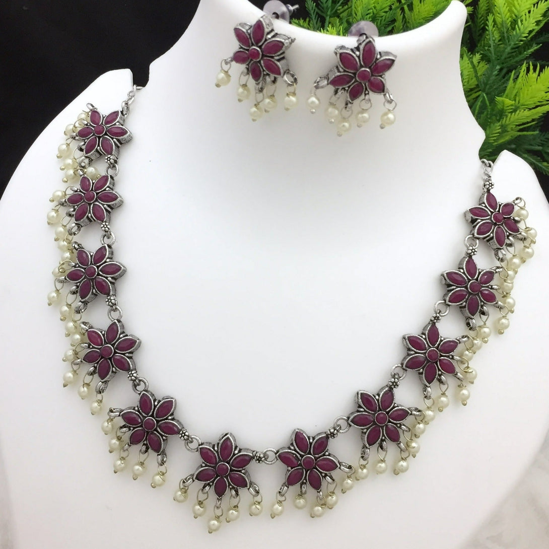 Classic Pink Stones Studded Oxidised Necklace Set - Kanyaa