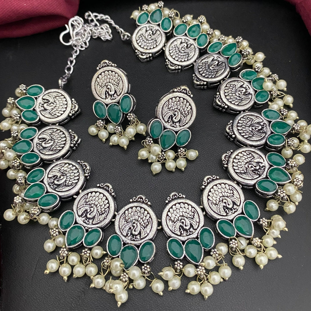 Silver Peacock Design Green Stone Oxidised Necklace Set - Kanyaa