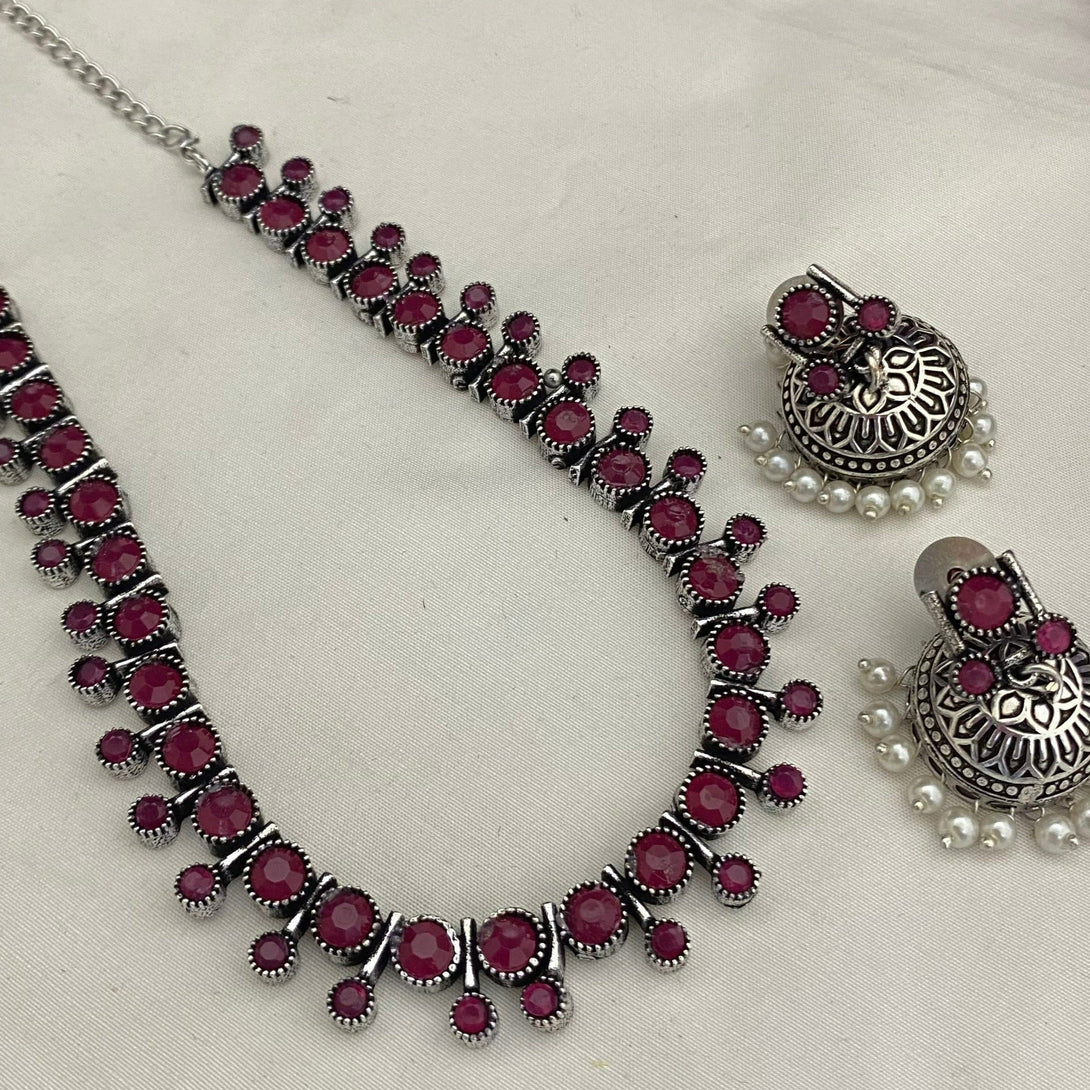 Pretty Pink Stone Oxidised Haram Set - Kanyaa