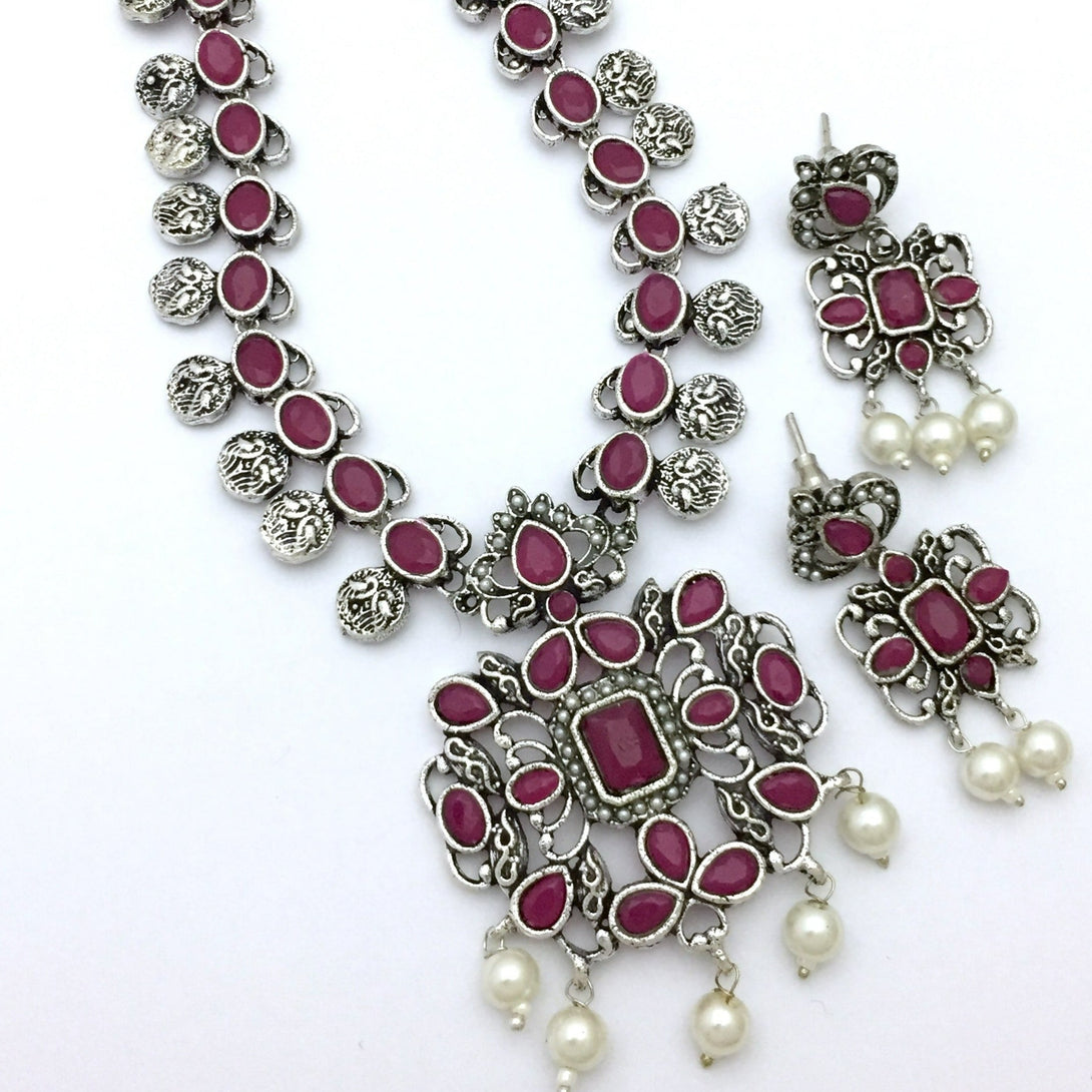 Pink Colour Peacock Oxidise Haram Set - Kanyaa