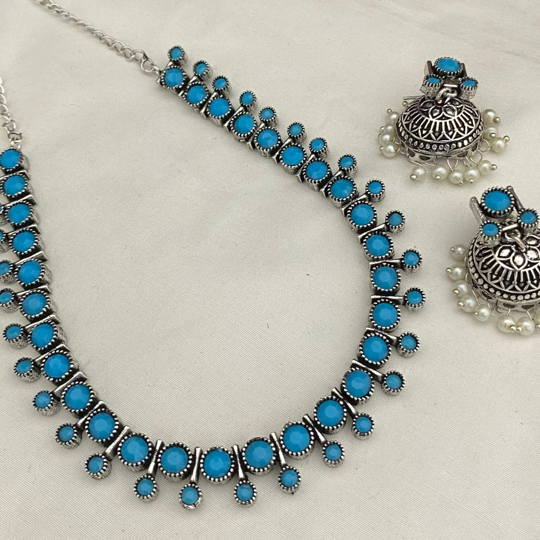 Exquisite Sky Blue Colour Oxidised Necklace Set - Kanyaa