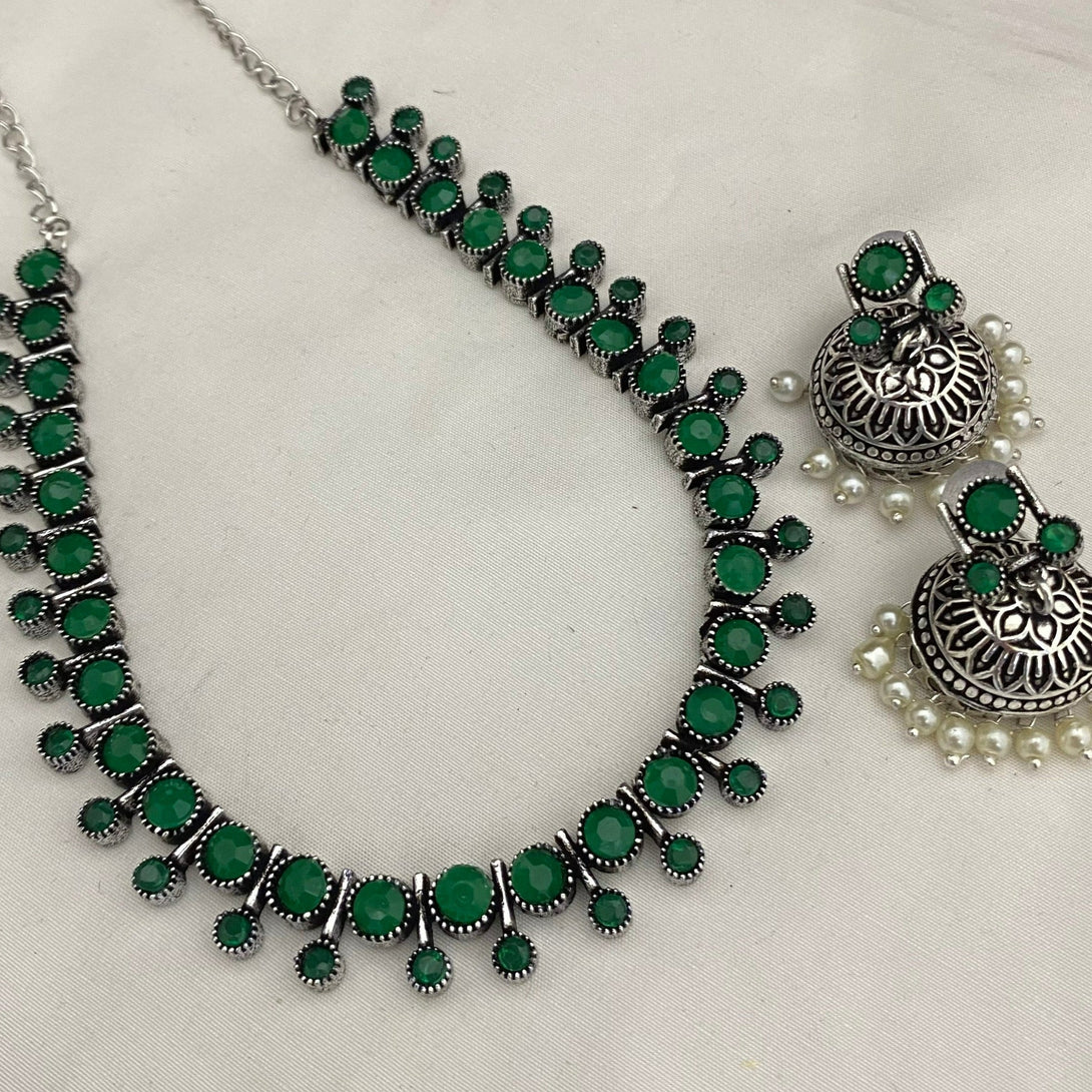 Exquisite Green Colour Oxidised Necklace Set - Kanyaa