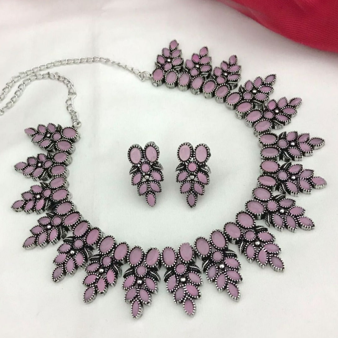 Pink Grapes Shape Oxidised Necklace Set - Kanyaa