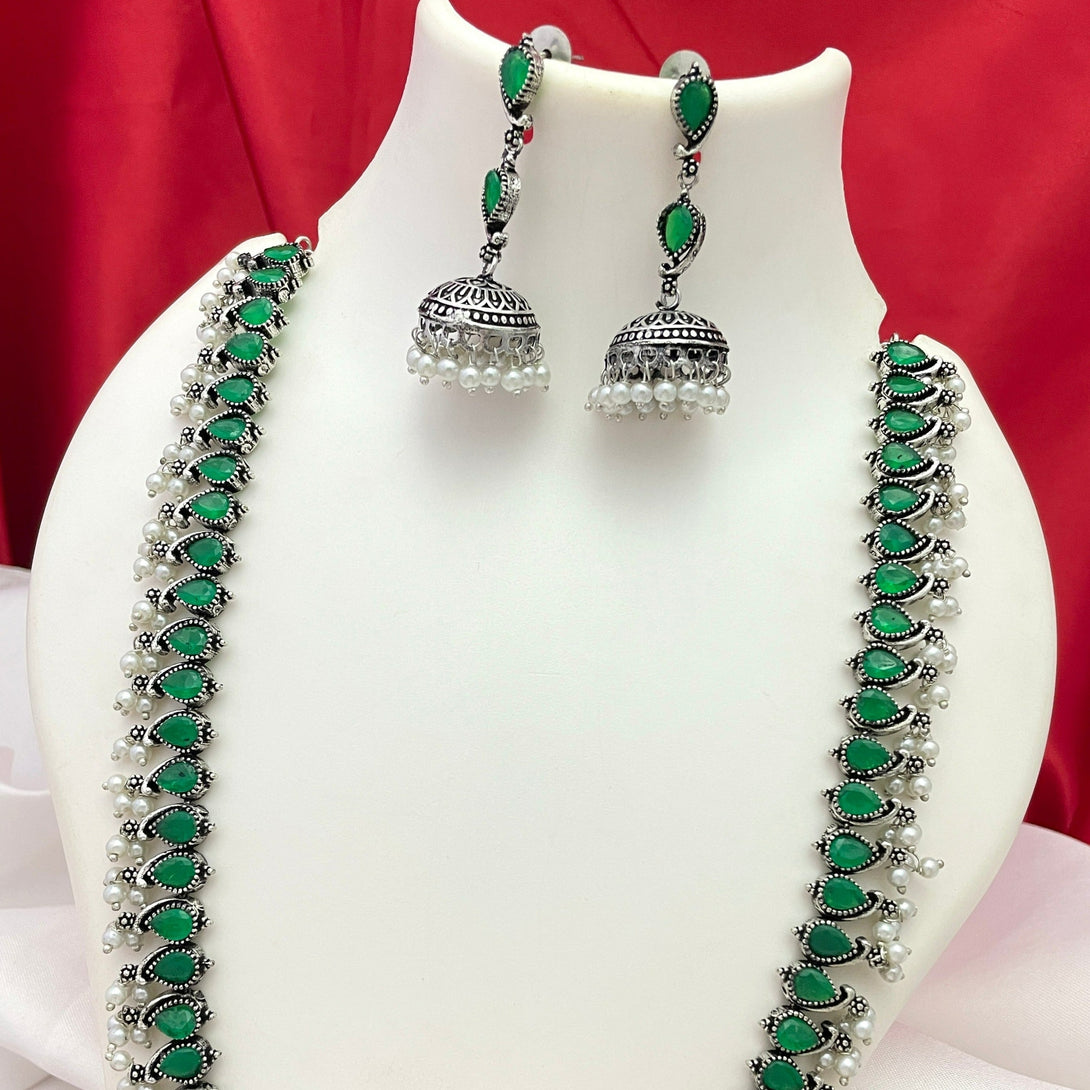 Super Carry Shape Green Stone Oxidise Haram Set - Kanyaa