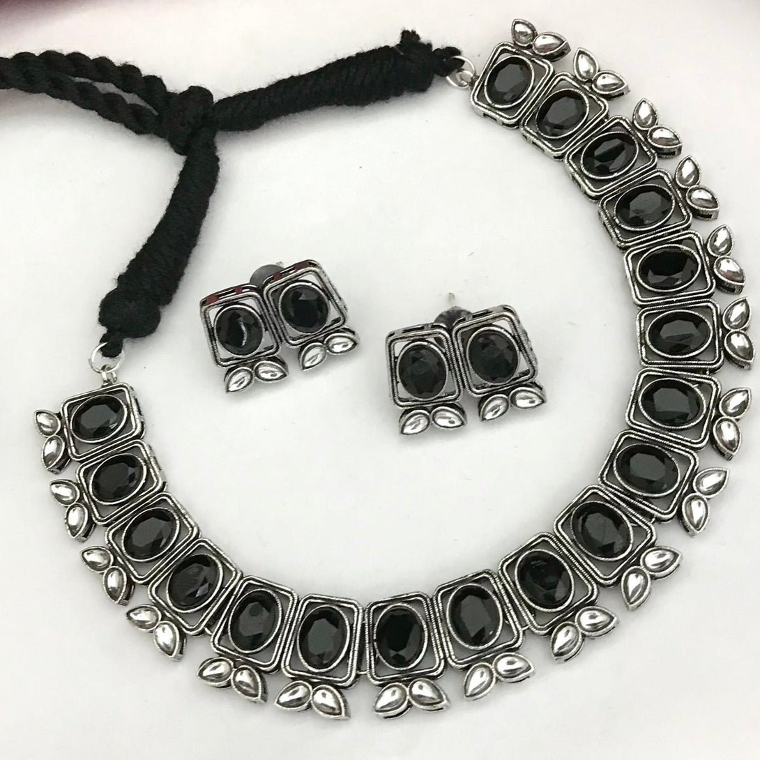 Unique Black Stone Oxidised Necklace Set - Kanyaa