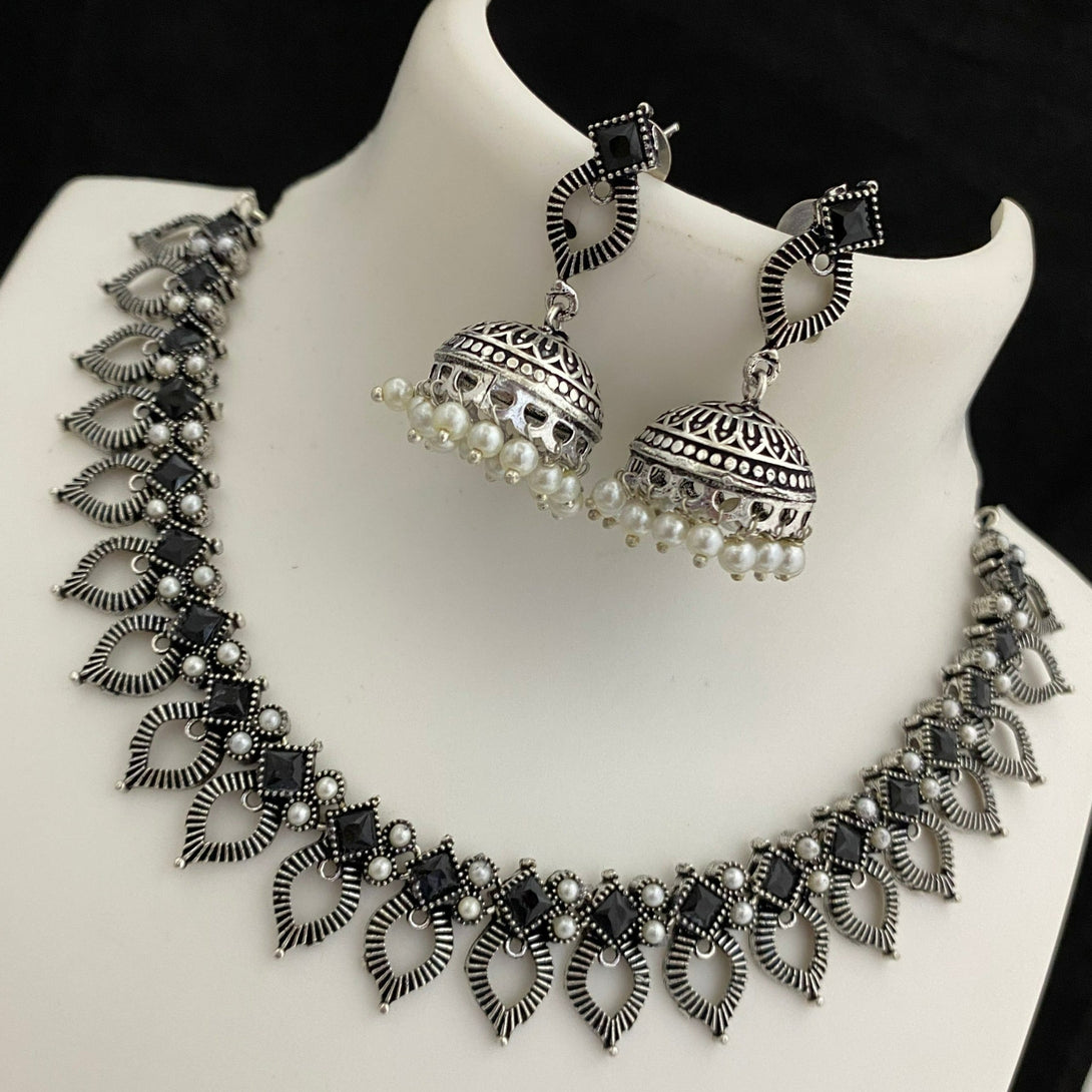 Diamond Shape German Silver Oxidised Necklace Set 1 - Kanyaa