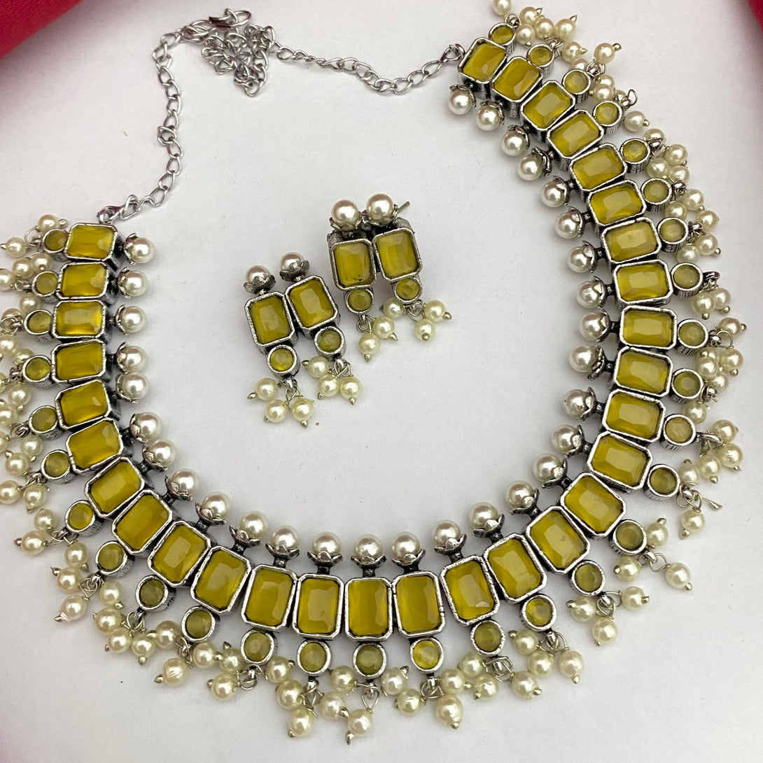 Yellow Pearl Design Oxidised Necklace Set - Kanyaa