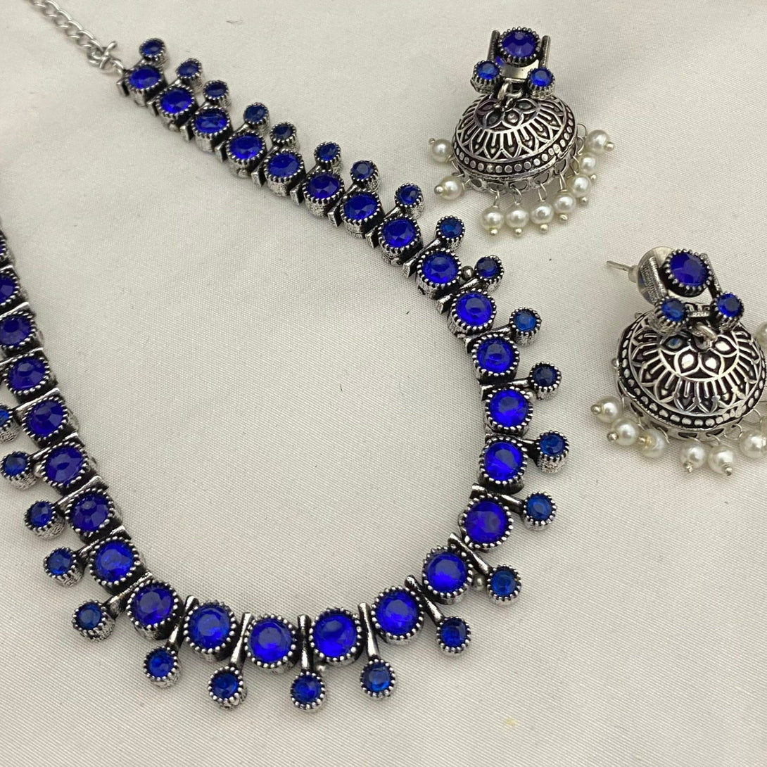 Exquisite Blue Stone Oxidised Necklace Set - Kanyaa