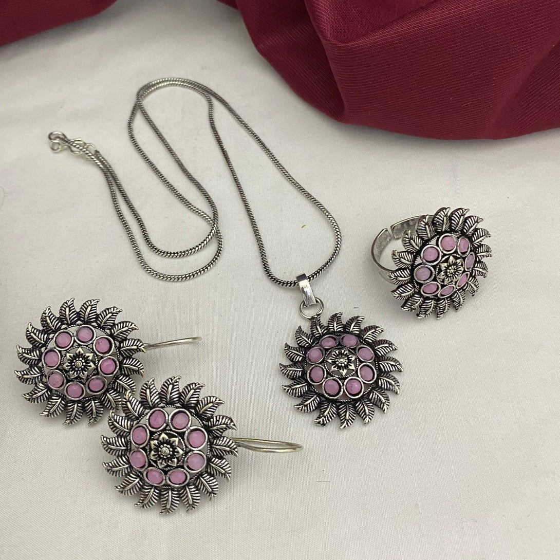 Stunning Pink Stone Pendent Set With Ring Oxidised Combo Set - Kanyaa