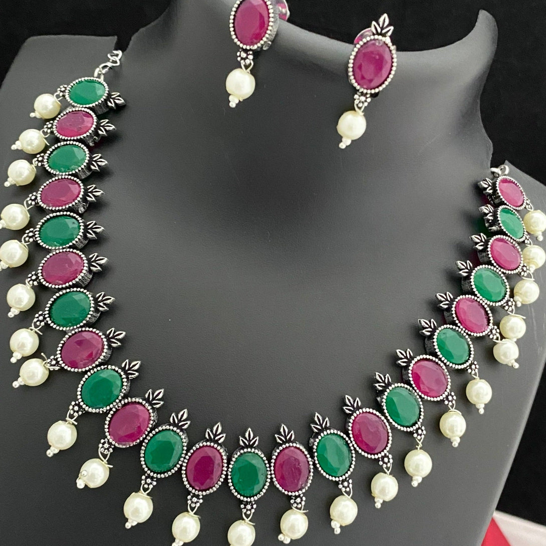 Multi Color Stone Oxidised Necklace Set - Kanyaa