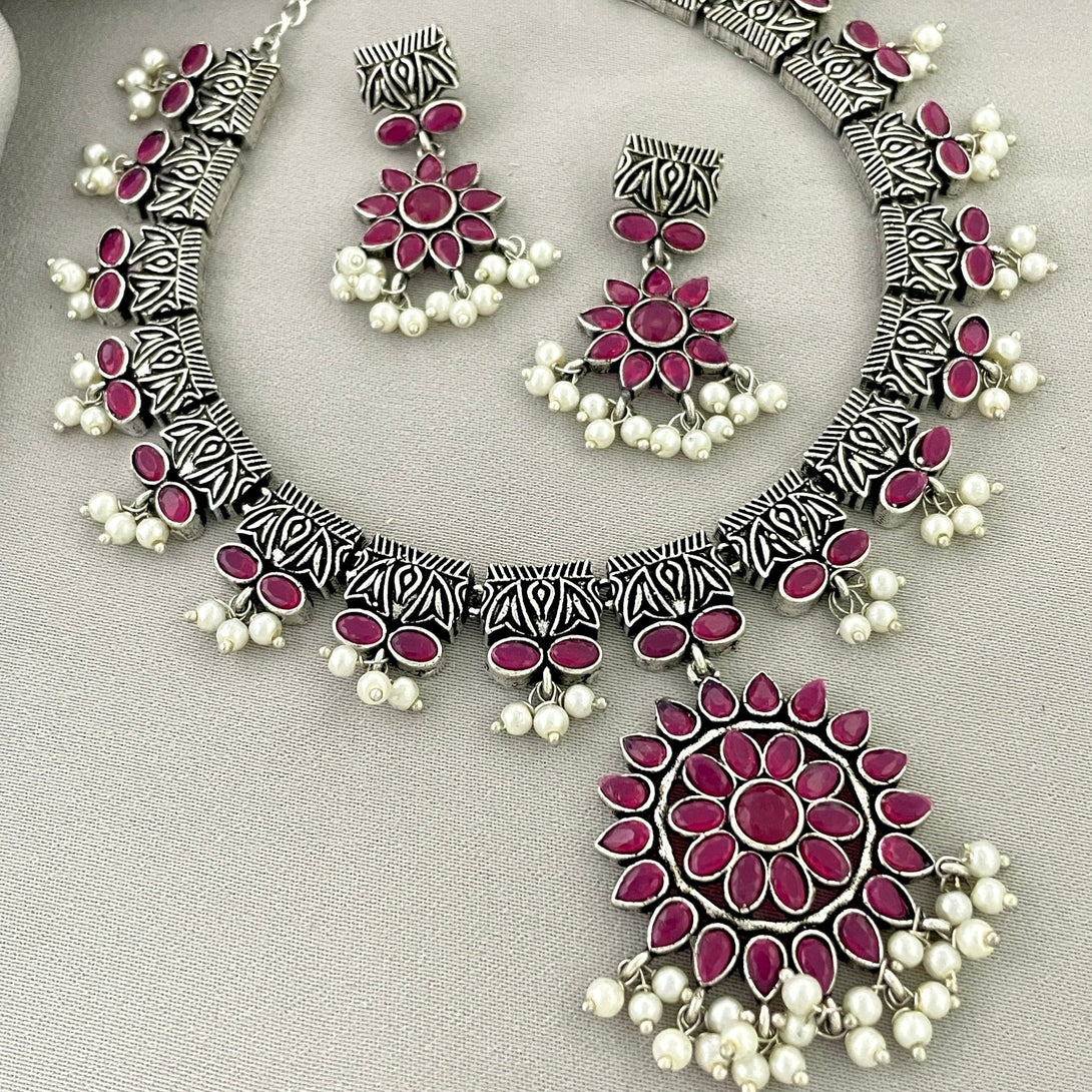 Marvelous Pink Color German Silver Oxidised Necklace - Kanyaa