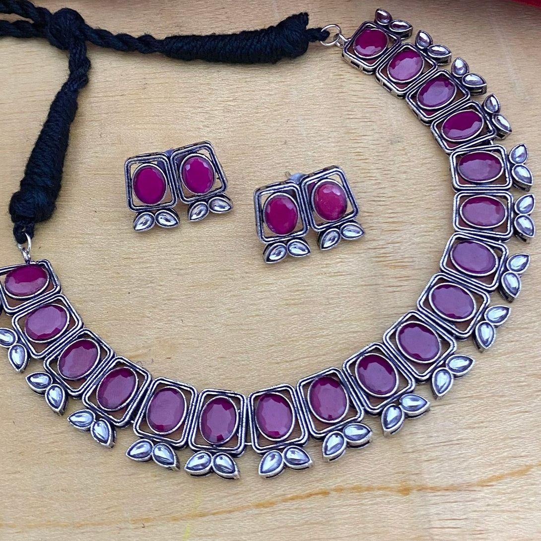 Unique Ruby Stone Oxidised Necklace Set - Kanyaa