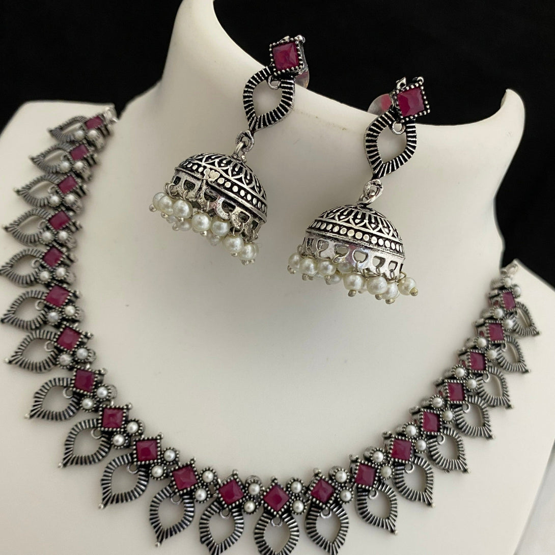 Diamond Shape German Silver Oxidised Necklace Set - Kanyaa