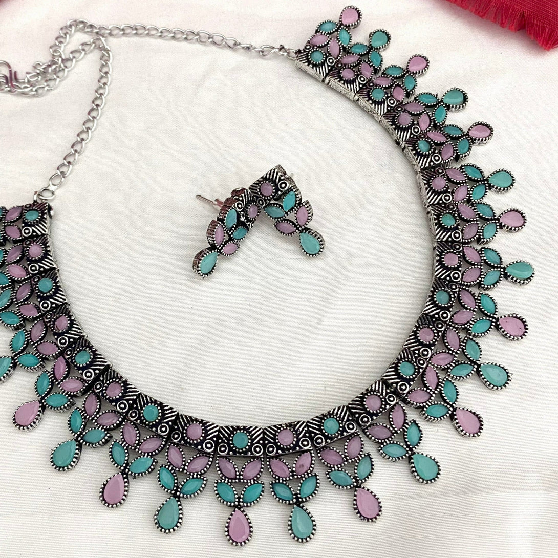 Classic Double Colour Stone Oxidised Necklace Set - Kanyaa