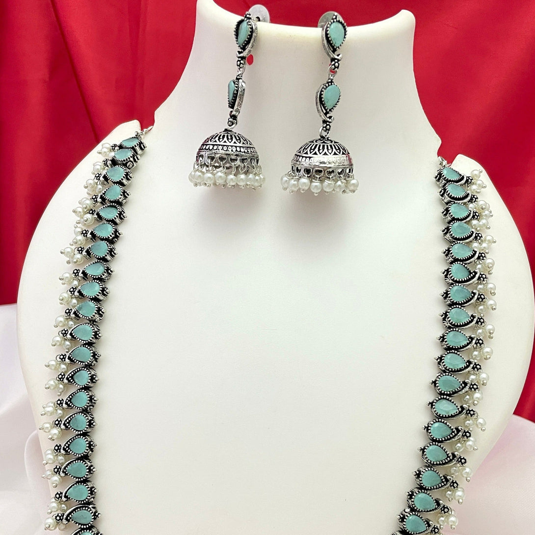 Superb Carry Shape Sea Blue Stone Oxidised Haram Set - Kanyaa