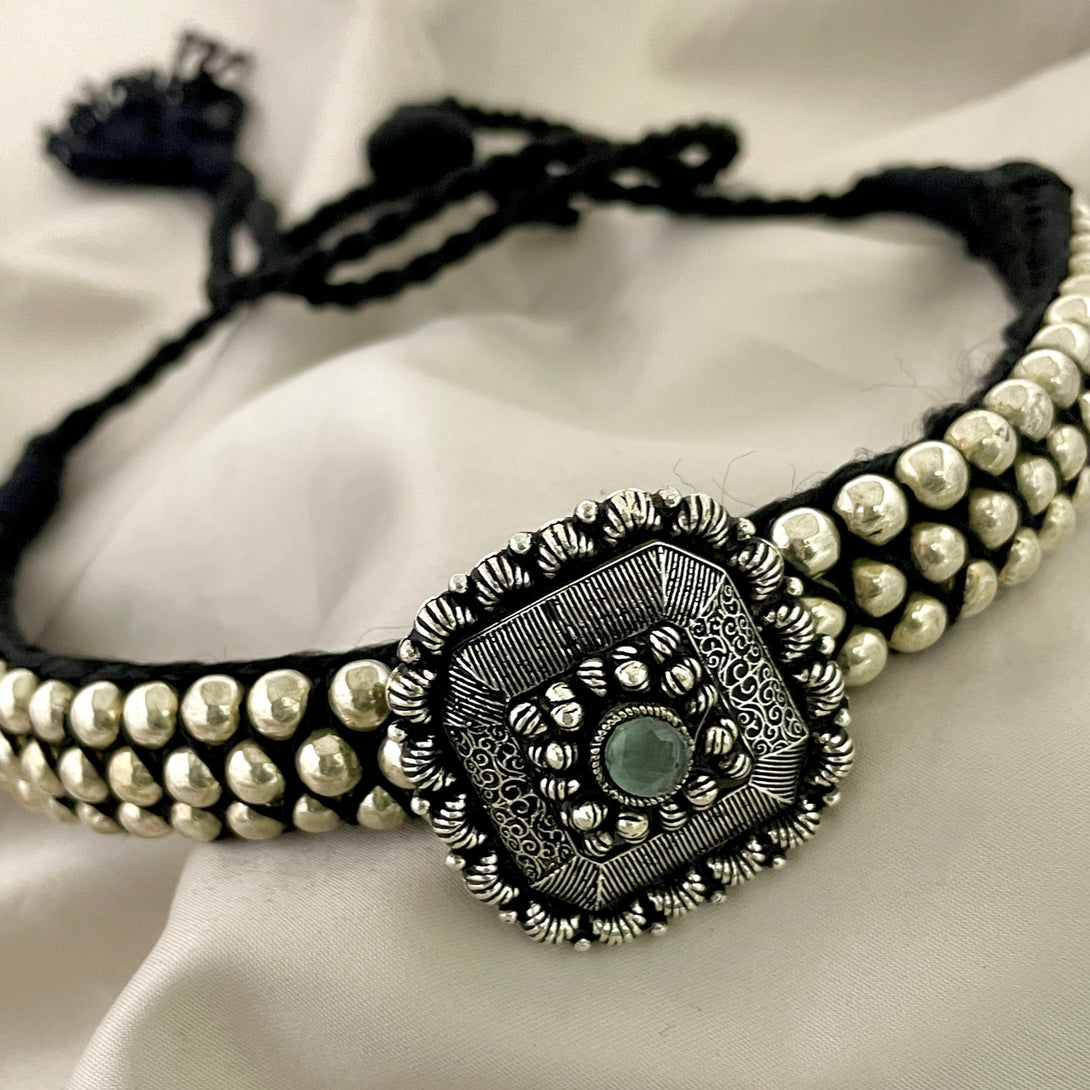 Oxidised Pearl Green Stone Choker Set - Kanyaa