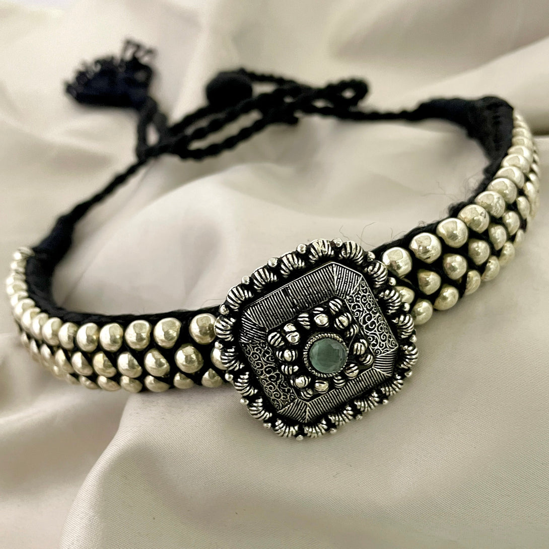 Oxidised Pearl Green Stone Choker Set - Kanyaa