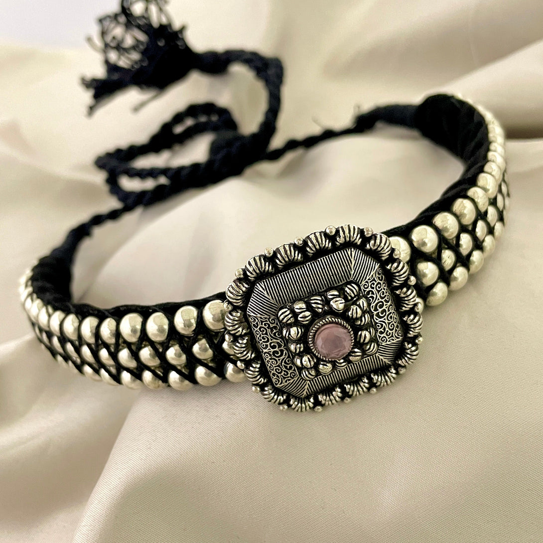 Oxidised Pearl Pink Stone Choker Set - Kanyaa