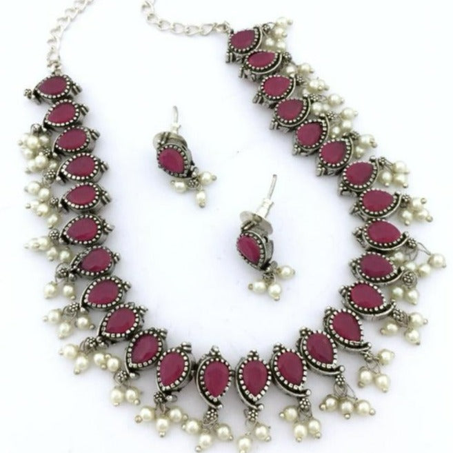 Gorgeous Pink Oxidised Necklace Set - Kanyaa