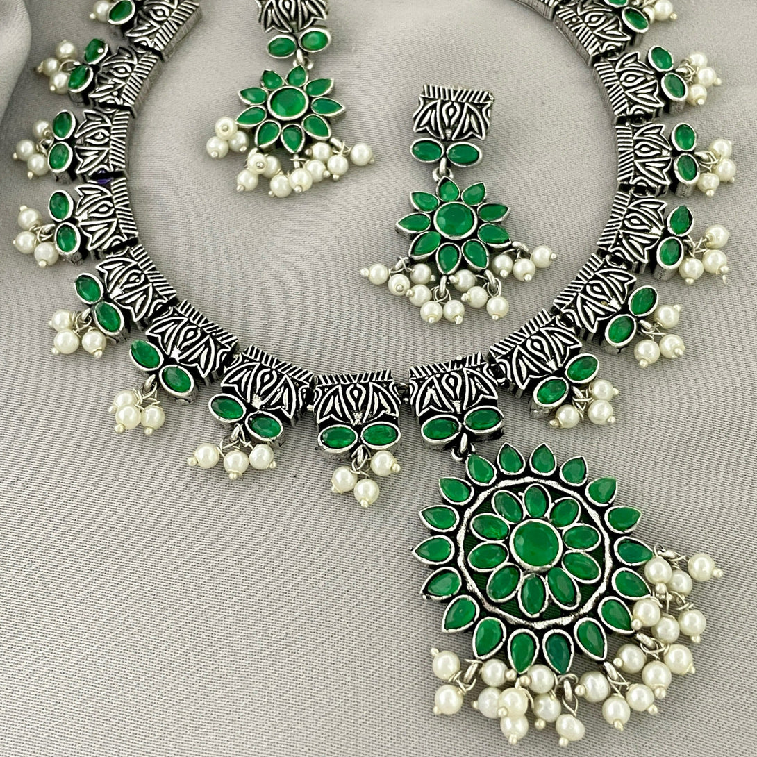 Marvelous Green Color German Silver Oxidised Necklace - Kanyaa