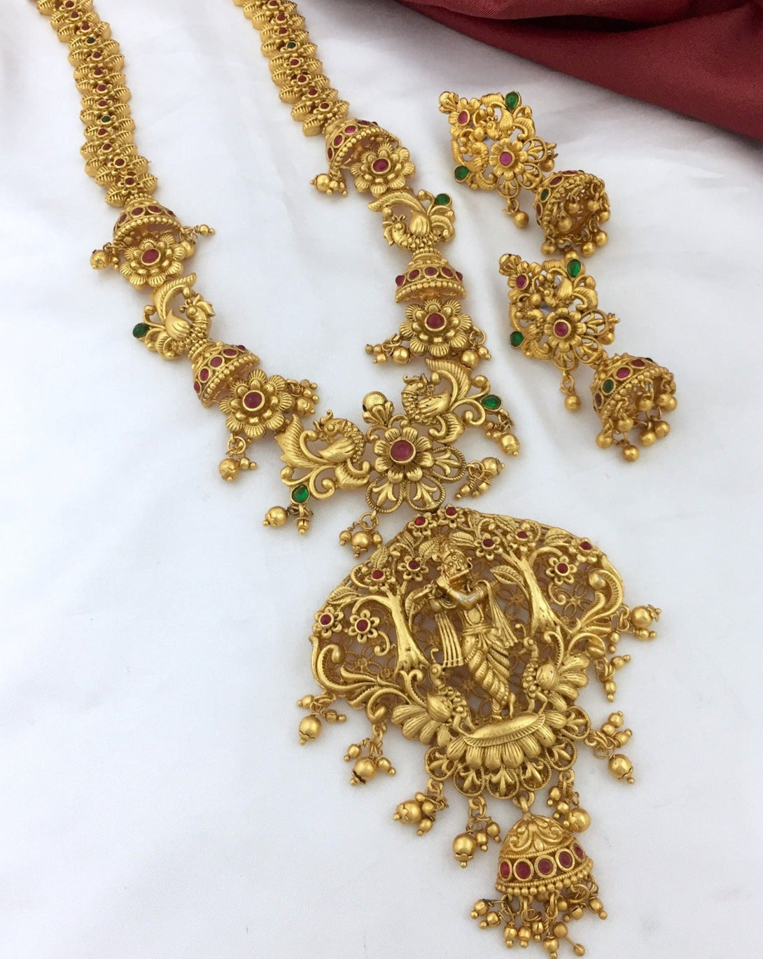 Heavy Krishna Peacock Flower Haram Set - Kanyaa