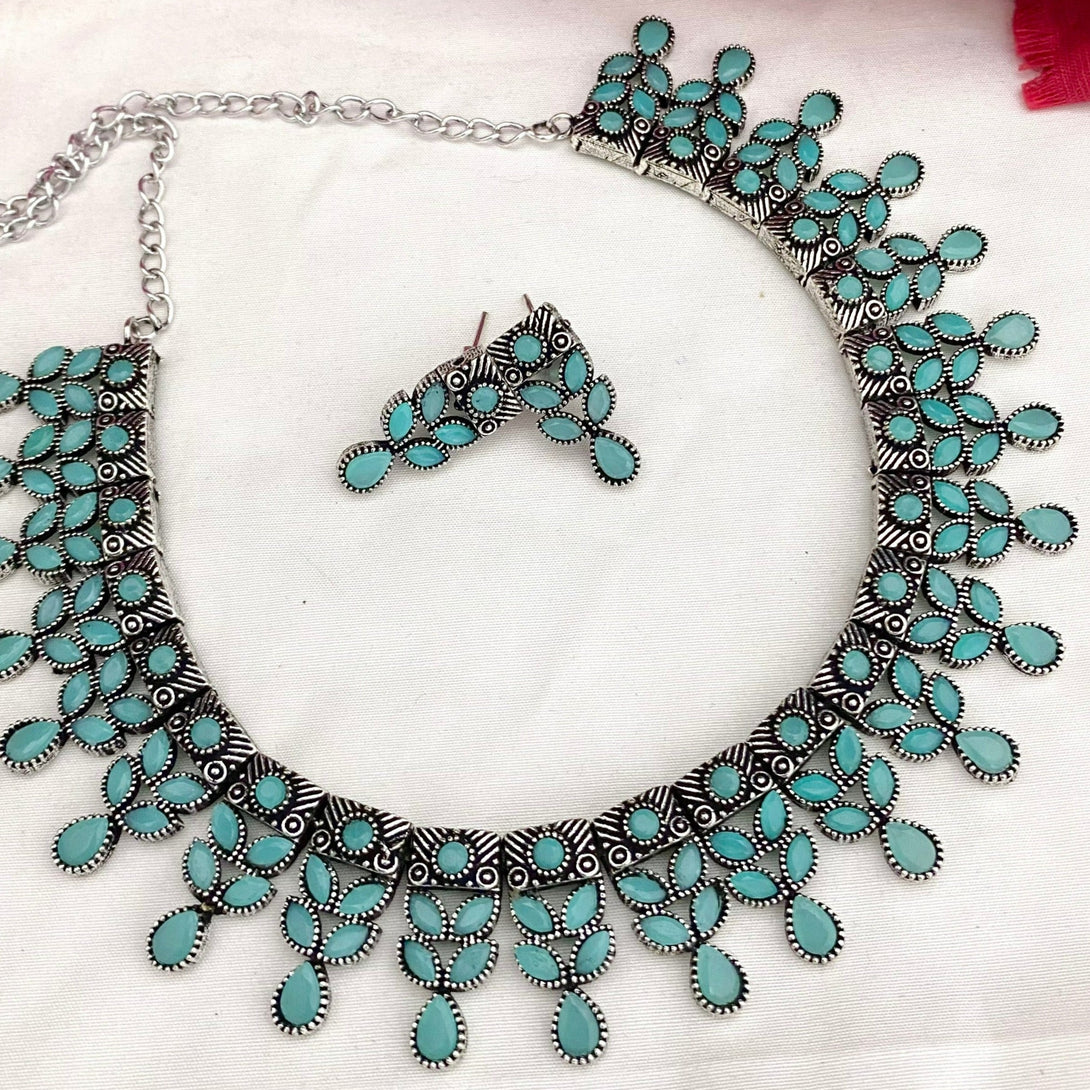 Classic Baby Blue Stone Oxidised Necklace Set - Kanyaa