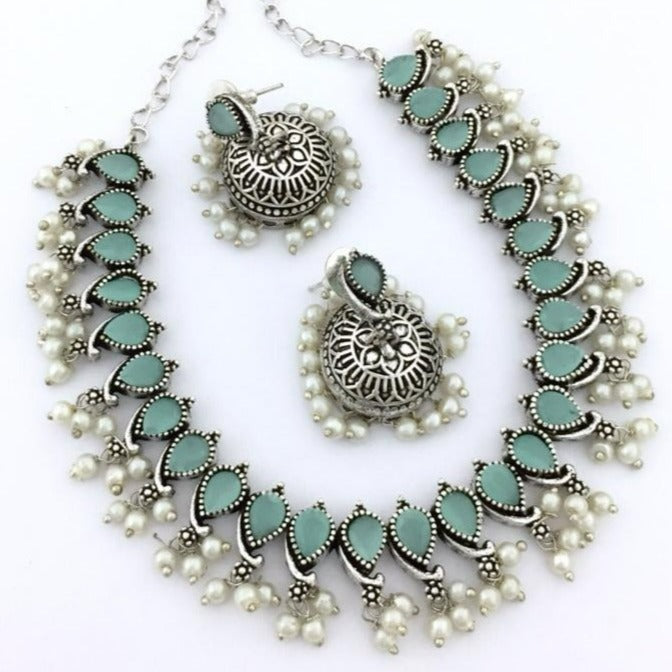 Gorgeous Sky Blue Oxidised Necklace Set - Kanyaa