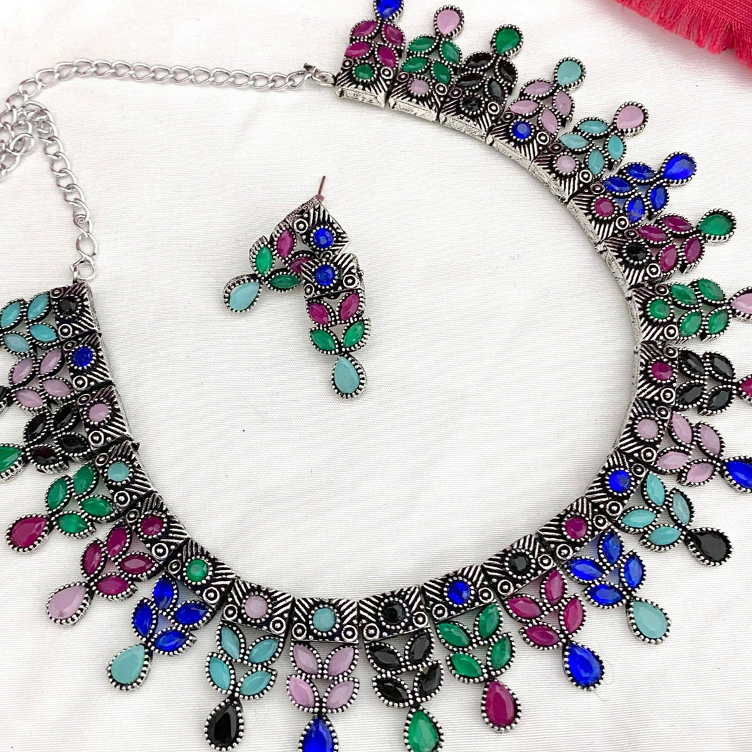 Classic Multi Color Stone Oxidised Necklace Set - Kanyaa