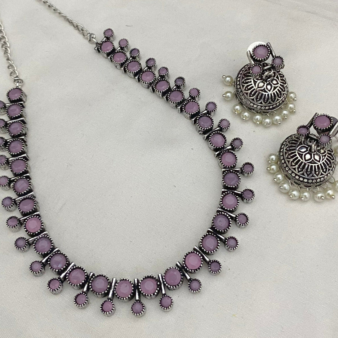 Exquisite Baby Pink Colour Oxidised Necklace Set - Kanyaa