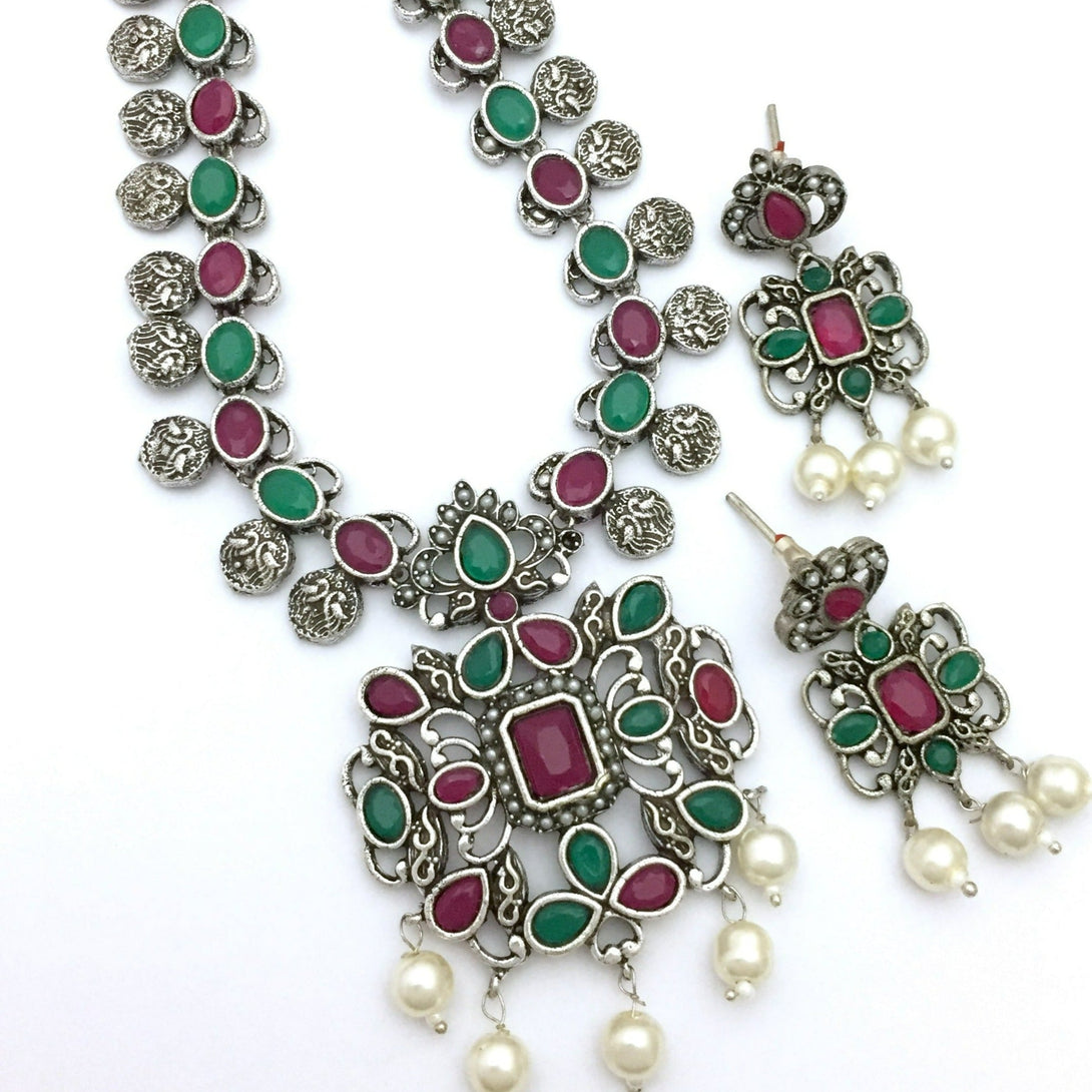 Multi Color Stones Peacock Oxidise Haram Set - Kanyaa