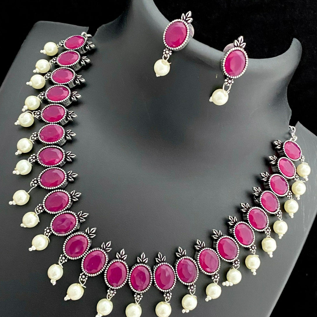 Pink Colour Oxidised Necklace Set - Kanyaa