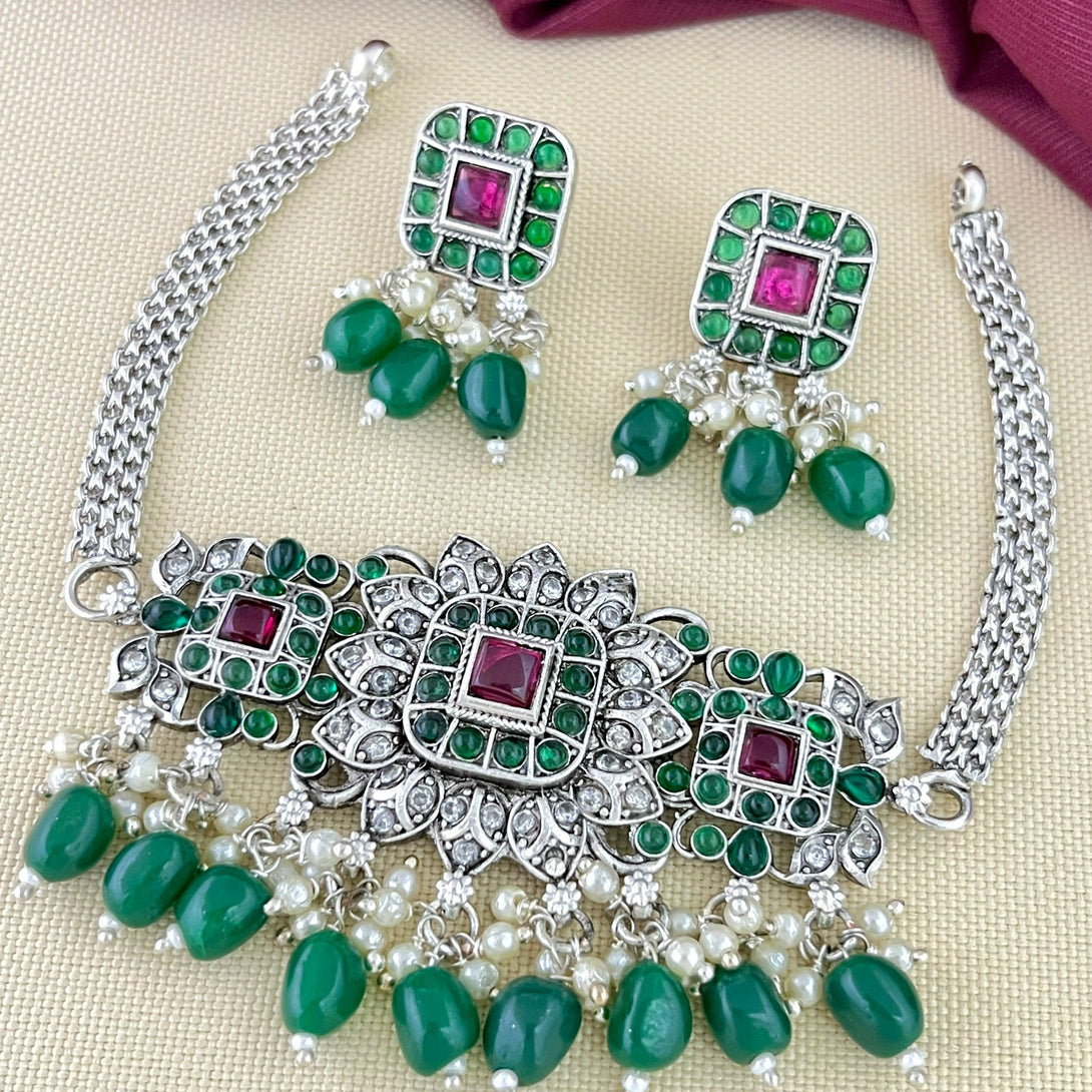 Green And Pink Square German Silver Oxidised Choker - Kanyaa